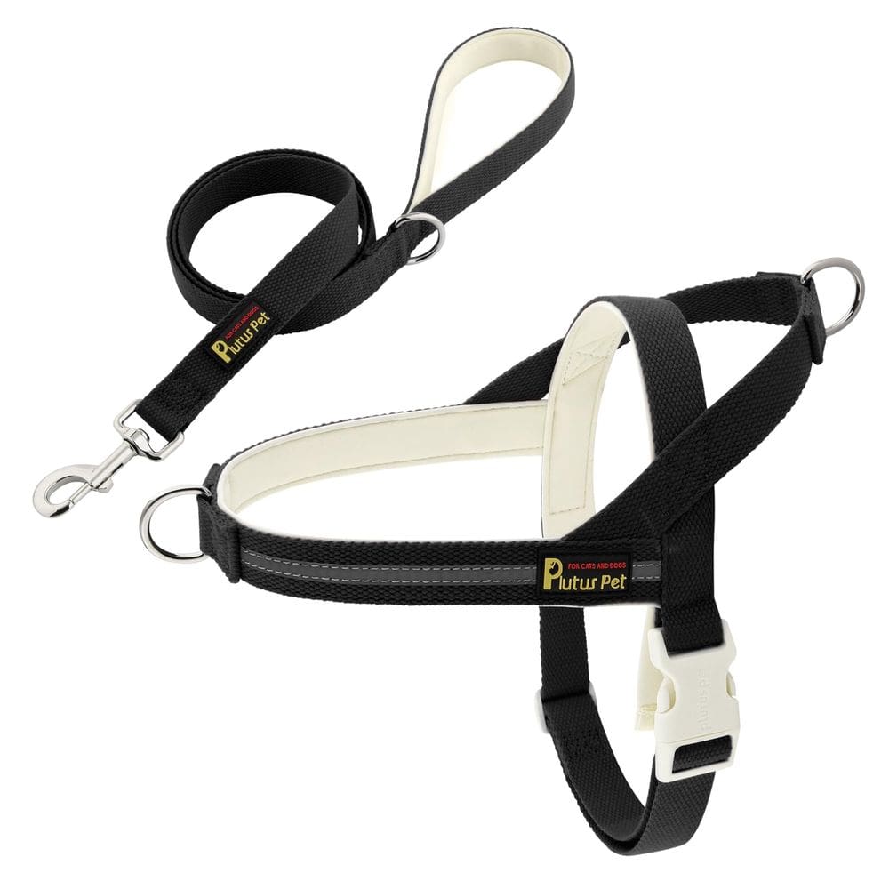 Conjunto de arnês e coleira para cães Plutus Pet Reflective Black Cotton