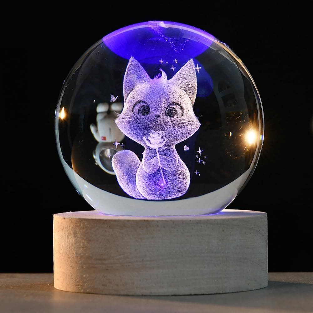 Bola de cristal ZRENJHUS 3D Cat com base de luz colorida 60mm