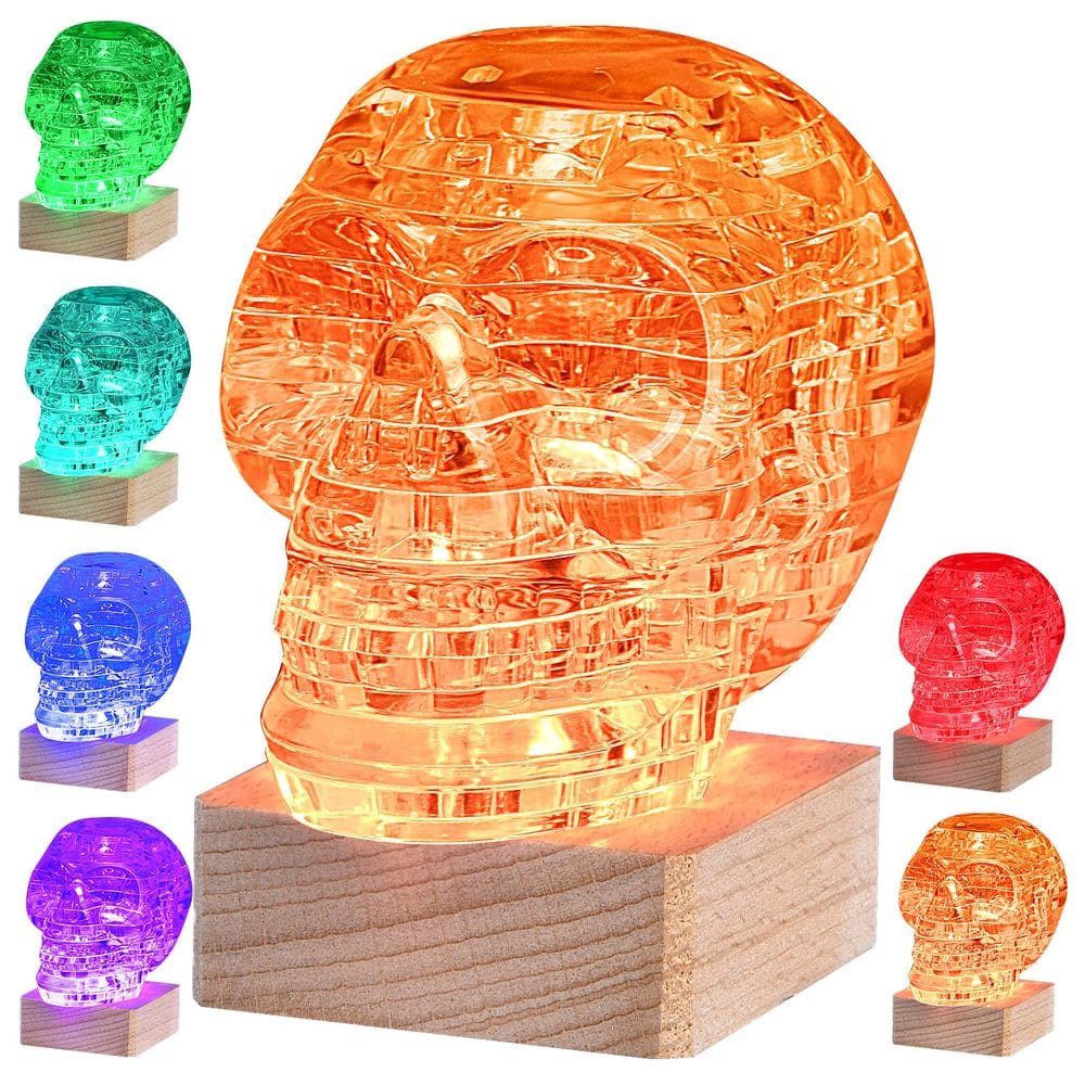 Crânio 3D Crystal Puzzle com base iluminada e decoração de Halloween