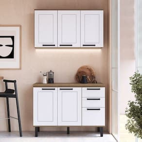 Cozinha Modulada Provençal 3 Peças Balcão 120cm Tampo e Armário 3 Portas Jequitibá/Branco Fosco