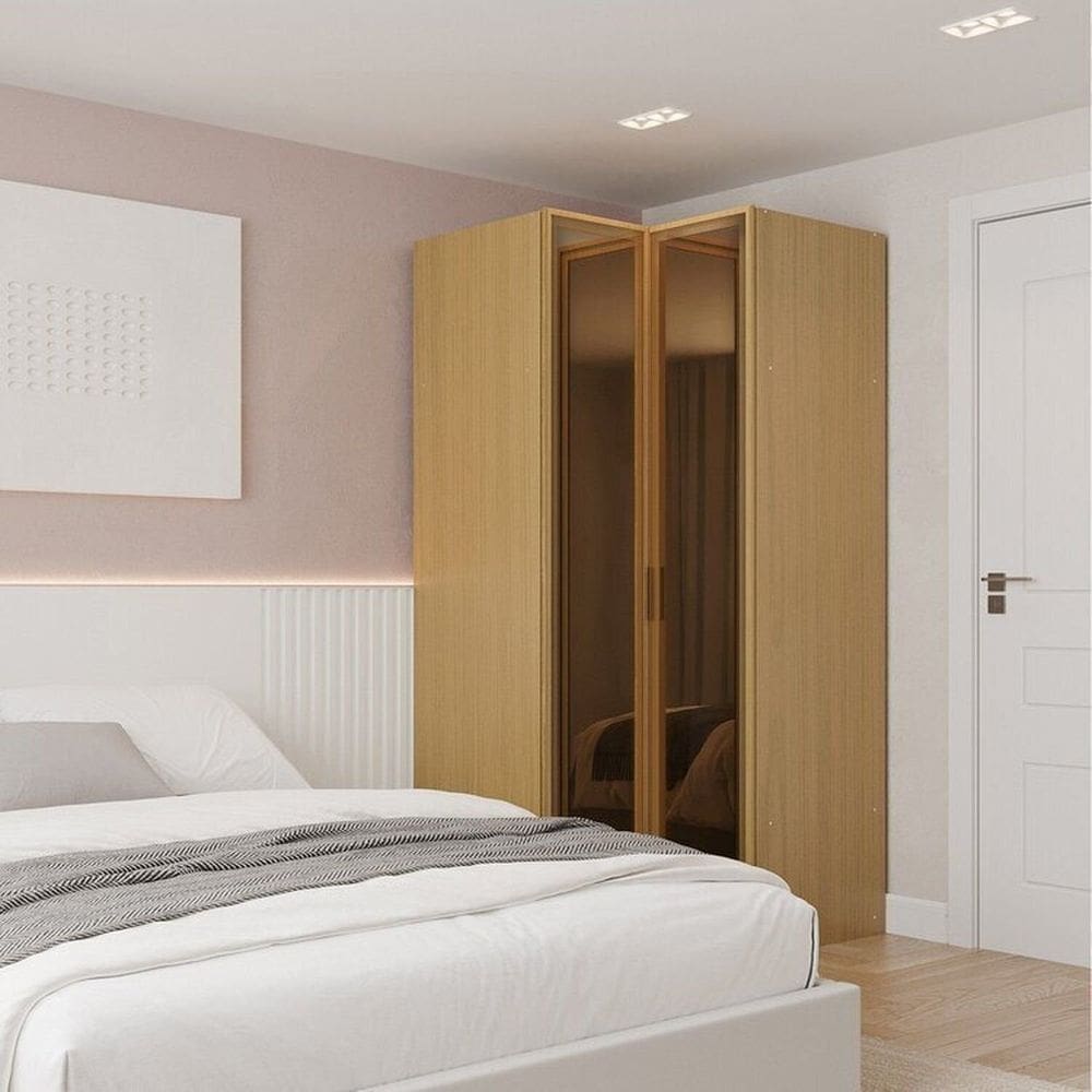 Guarda Roupa de Canto Reto Modular 95cm com Porta Reflecta e Cabideiros Jade Cabecasa Madeiramadeira Avelã
