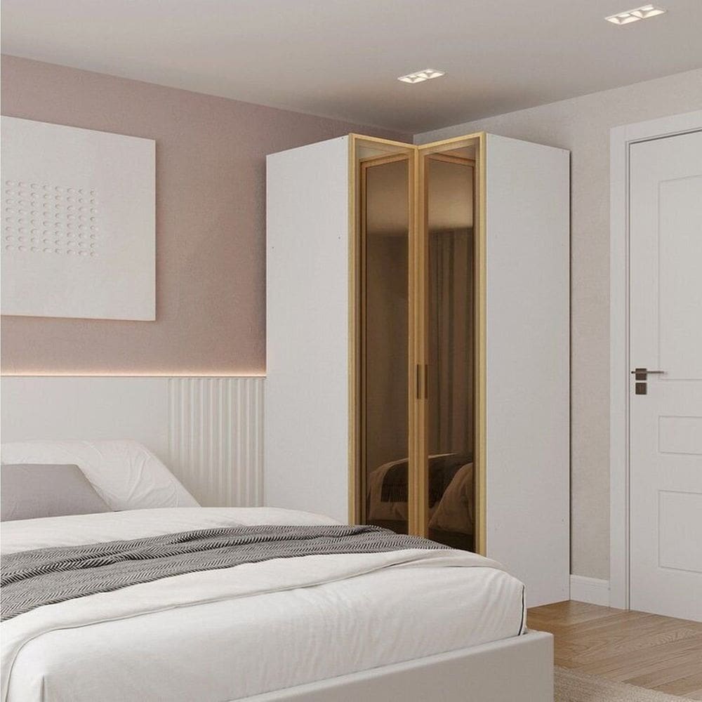 Guarda Roupa de Canto Reto Modular 95cm com Porta Reflecta e Cabideiros Jade Cabecasa Madeiramadeira Branco Fosco