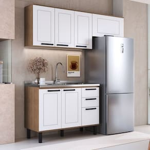 Cozinha Modulada Provençal 3 Peças Balcão 120cm 2 Armários Jequitibá/Branco Fosco