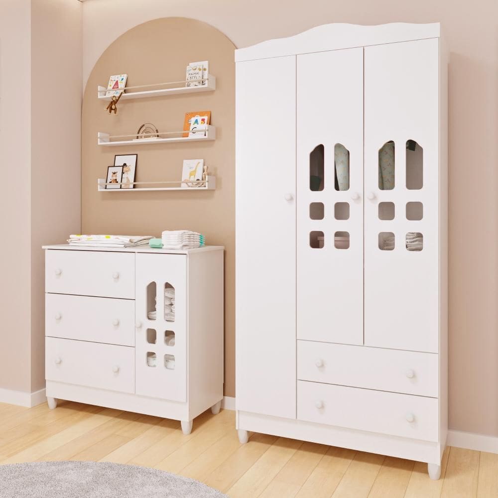 Quarto de Bebê Cômoda com Fraldário Guarda Roupa Mirelle 3 Portas Branco Carolina Baby