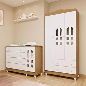 Quarto de Bebê Cômoda com Porta Fraldário Guarda Roupa 3 Portas Branco com Bétula Carolina Baby