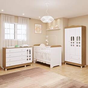 Quarto de Bebê Berço 3 em 1 Gabriel Cômoda com Porta Fraldario Guarda Roupa 3 Portas Branco Bétula Carolina Baby