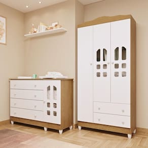 Quarto de Bebê Cômoda com Porta Fraldário Guarda Roupa 3 Portas Branco com Bétula Carolina Baby