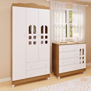 Quarto de Bebê Cômoda com Fraldário Guarda Roupa 3 Portas Mirelle Branco Carolina Baby