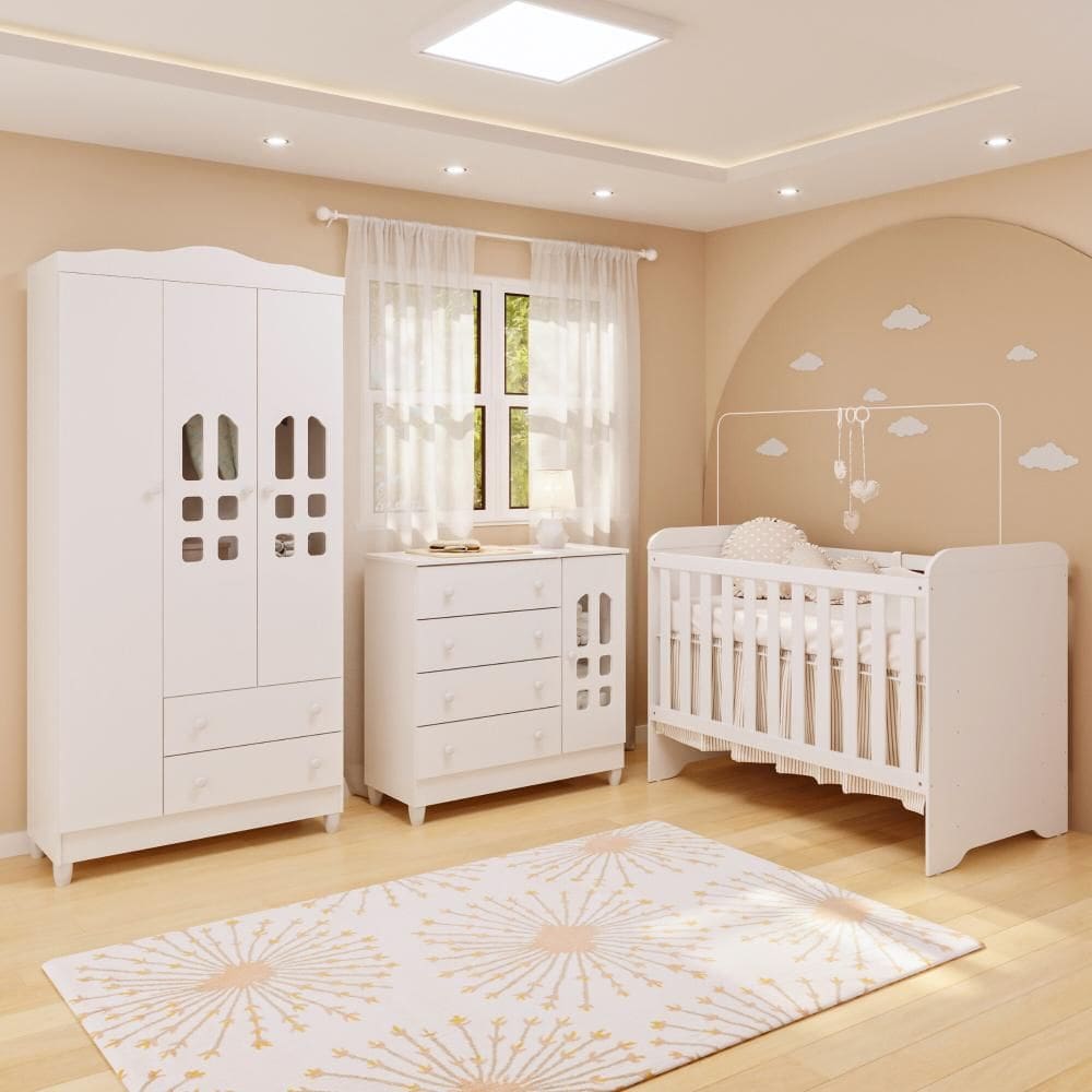 Quarto de Bebê Guarda Roupa 3 Portas Cômoda Selena Berço 3 em 1 Gabrielle Branco Carolina Baby