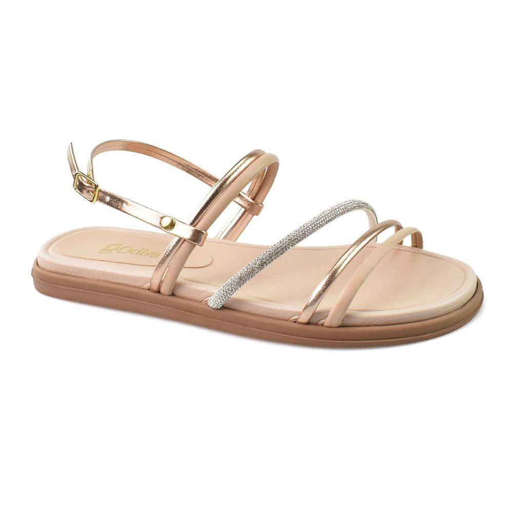 Papete Godiva Casual Tiras Finas Com Strass Feminina Creme