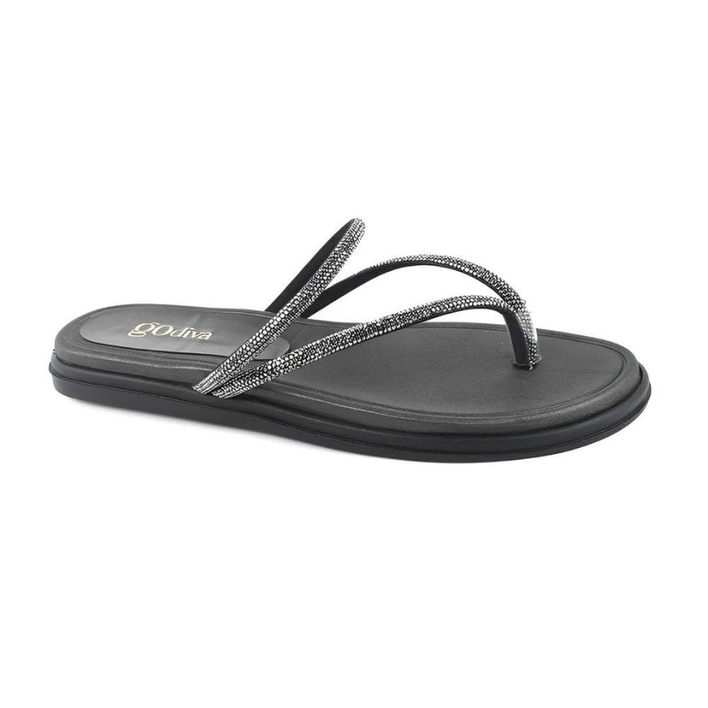 Rasteira Godiva De Dedo Tiras Finas Strass Feminina Preta
