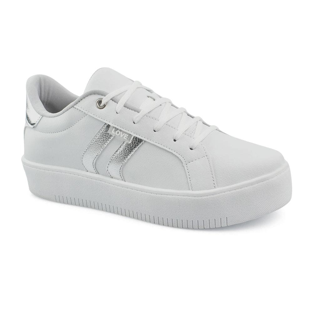 Tênis Godiva Cadarço Listras Laterais Feminino Branco Prata