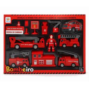 Kit Carrinhos de Bombeiro Fricção Com Acessórios de Trânsito Placas Cones Posto Kit 13 Pçs