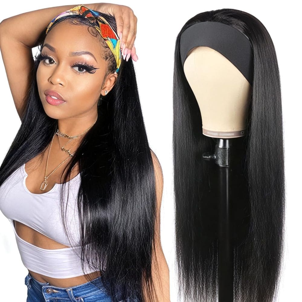 Peruca com bandana Unvizossa, cabelo humano reto, 50cm, 150% de densidade