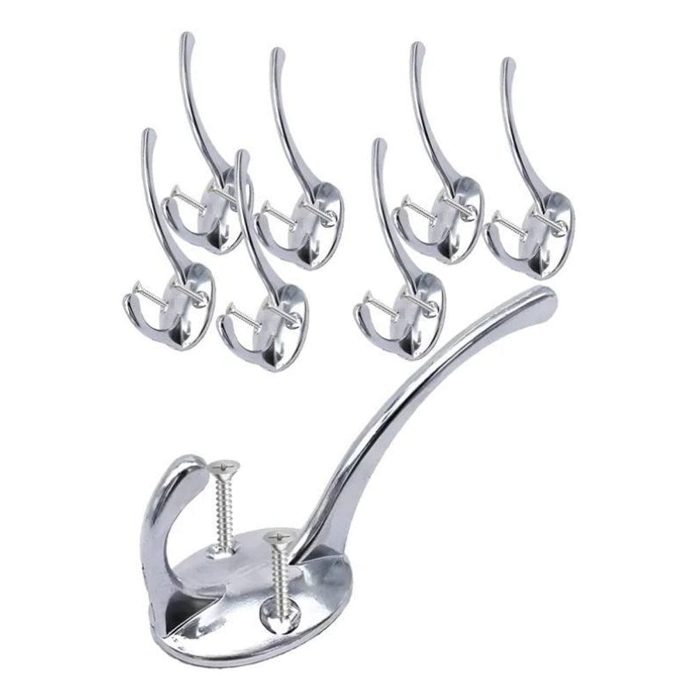 8 Ganchos Duplo Cabide Parede Metal Toalha Banheiro Parafuso