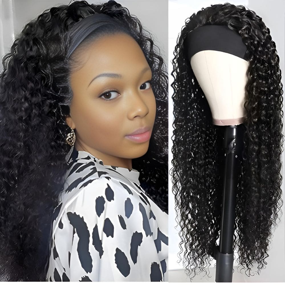 Peruca com bandana para cabelo humano encaracolado, 20 polegadas, 150% de densidade