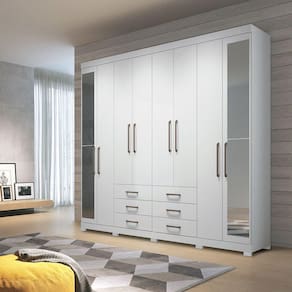 Guarda Roupa Casal 238cm 8 Portas 6 Gavetas Com Espelho Branco