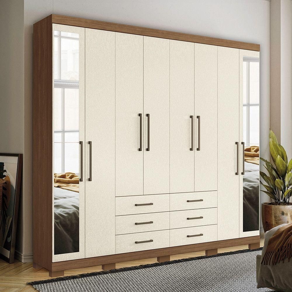 Guarda Roupa Casal 238cm 8 Portas 6 Gavetas Com Espelho Jatoba/areia