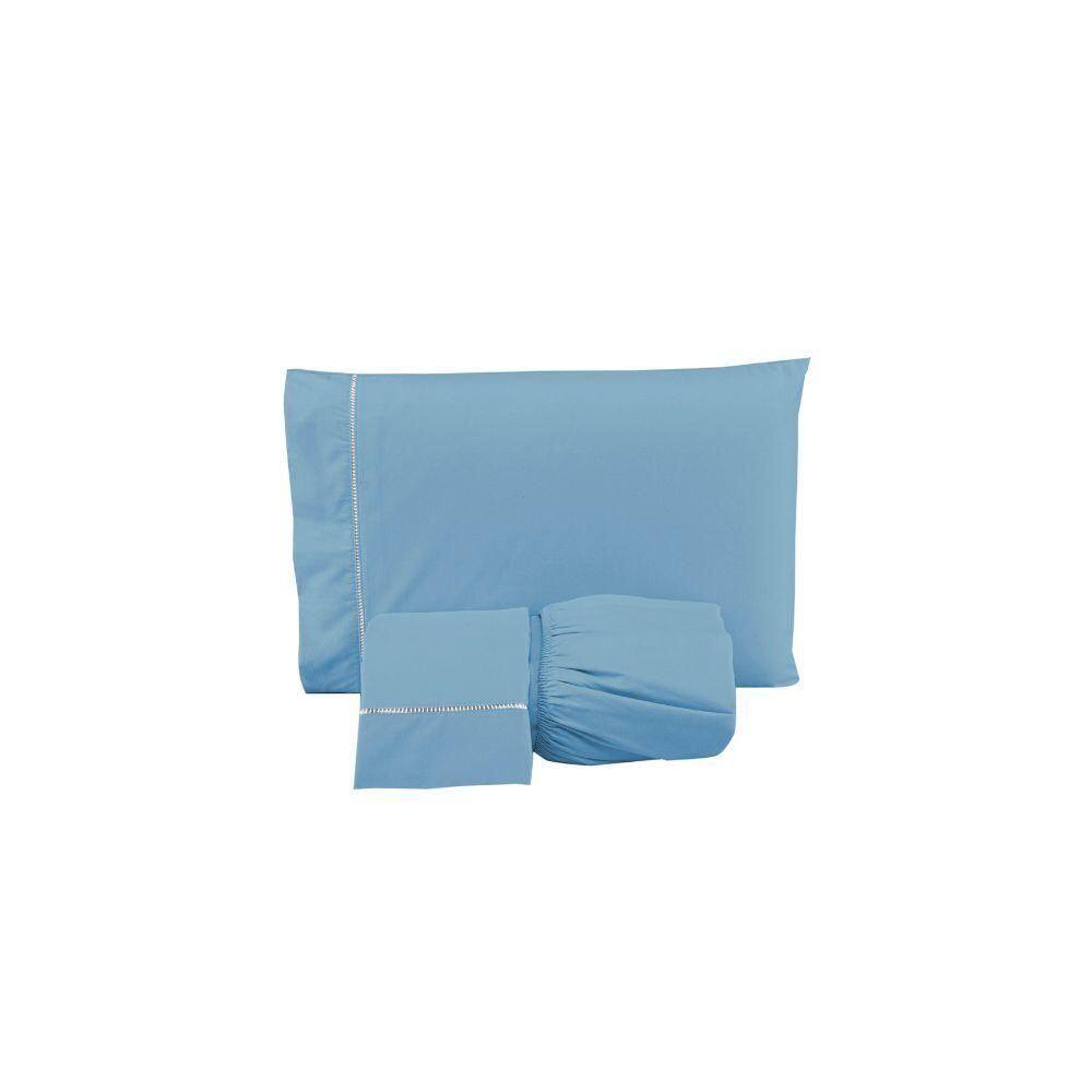 Jogo De Lençol Ponto Palito Simples 3 Peças King 80% Algodão - 20% Poliéster Percal 140 Fios Cor:azul