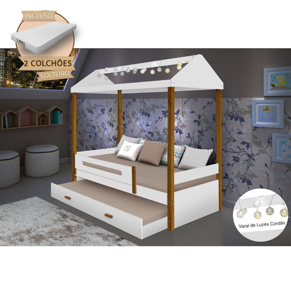 Beliche Montessoriana Infantil Sara Solteiro C/ Led e Colchões - Branco/amêndoa