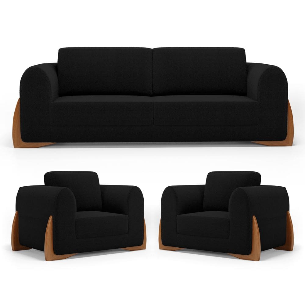Kit 02 Poltronas e 01 Sofá Bloom 200cm 03 Lugares com Pés de Madeira Bouclê Preto - Abmaza