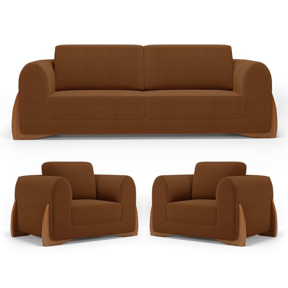 Kit 02 Poltronas e 01 Sofá Bloom 160cm 02 Lugares com Pés de Madeira Bouclê Terracota - Abmaza