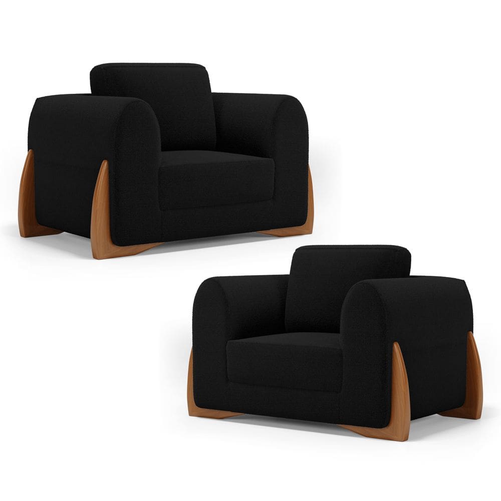 Kit 02 Poltronas Decorativas Living Bloom com Pés de Madeira Bouclê Preto - Abmaza