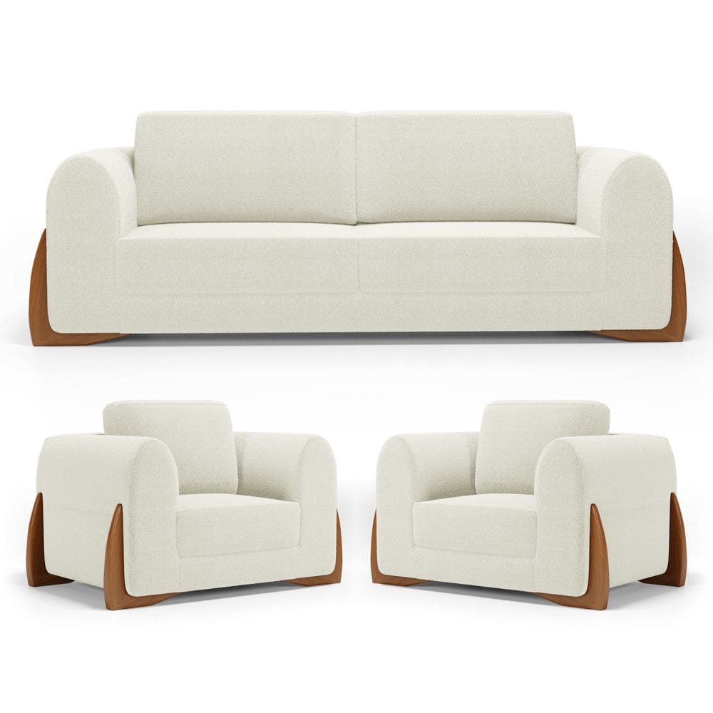 Kit 02 Poltronas e 01 Sofá Bloom 200cm 03 Lugares com Pés de Madeira Bouclê Off White - Abmaza