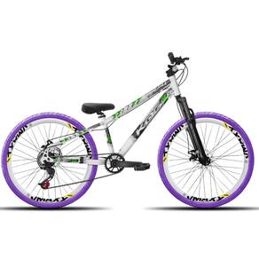 Bicicleta KOG Rebaixada 1X7 Freio Disco aro 26 do grau Rodas Vmaxx Pneus Coloridos Wheeling RL BRANCO COM VERDE E ROXO
