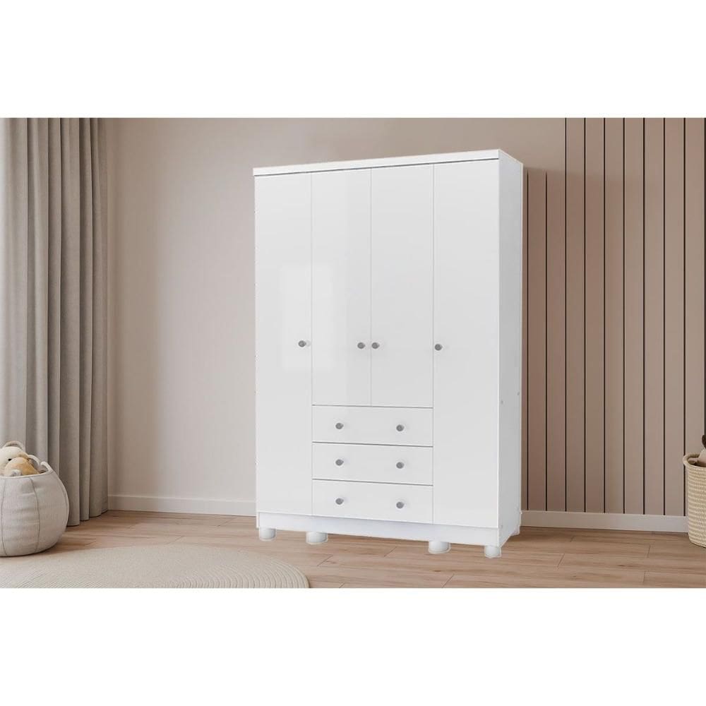 Guarda Roupa Bebê c/ 4 Portas e 3 Gavetas Júnior Branco - Peroba