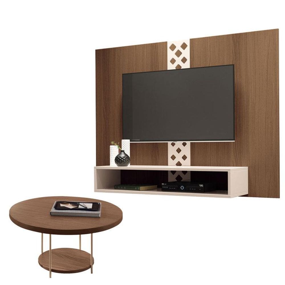 Painel para TV Home Suspenso Form com Mesa de Centro Sky Castanho Off White - HB Móveis