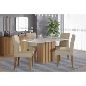 Conjunto: Mesa Sala Jantar Ana Tampo Madeirado c/ Vidro 130x80cm e 4 Cadeiras Maia Cinamomo/Off White - Nature/Suede Gengibre Bege - Cimol