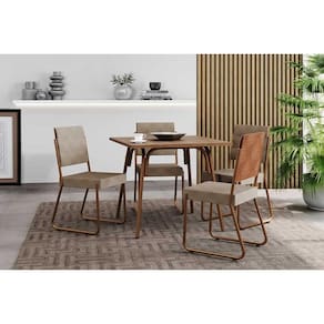 Conjunto: Mesa Sala Jantar 1569 Aço c/ Tampo Madeirado 90x90cm e 4 Cadeiras 1736 Rose/Freijo - Rose/Areia - Caramelo - Carraro