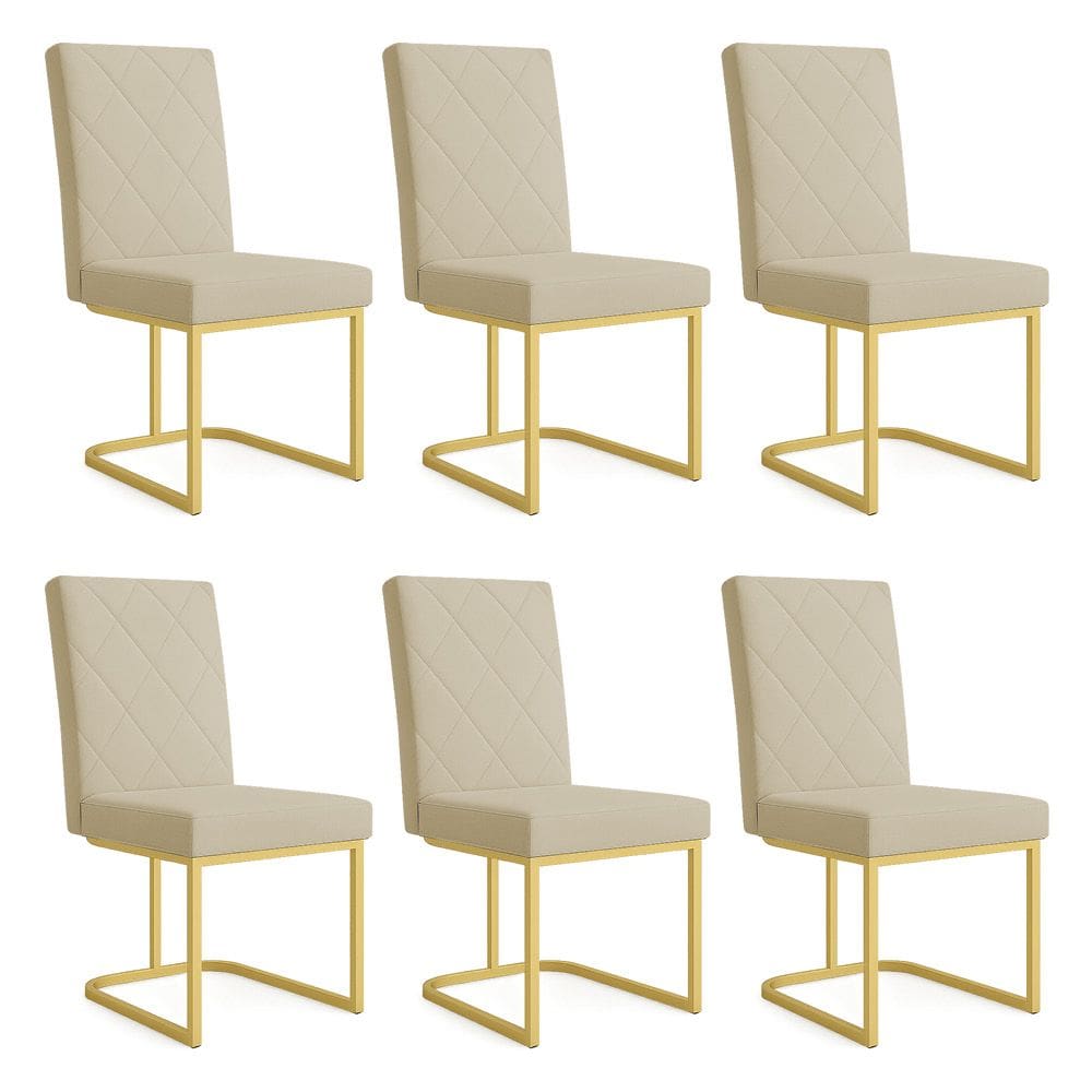 Kit 06 Cadeiras de Jantar Estofada Siena Linho Dourado Base de Ferro Dourada - Pallazio
