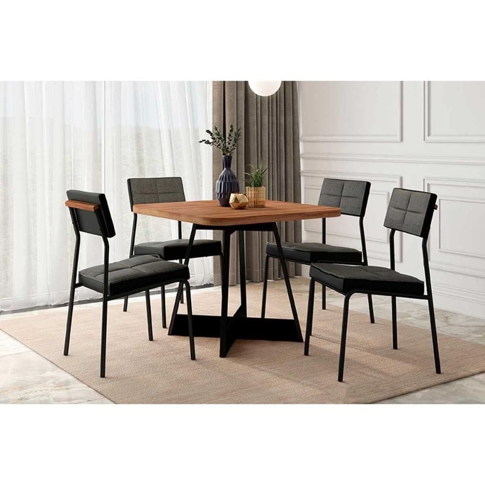 Conjunto: Mesa Sala Jantar Átria 1593 Aço c/ Tampo Madeirado 90x90cm e 4 Cadeiras Neo Preto/Nogal - Preto/Grafite - Preto - Carraro