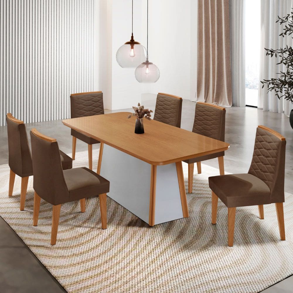 Mesa de Jantar Diane 180cm Tampo MDF Laminado com 6 Cadeiras Eloise Moderna Mobília