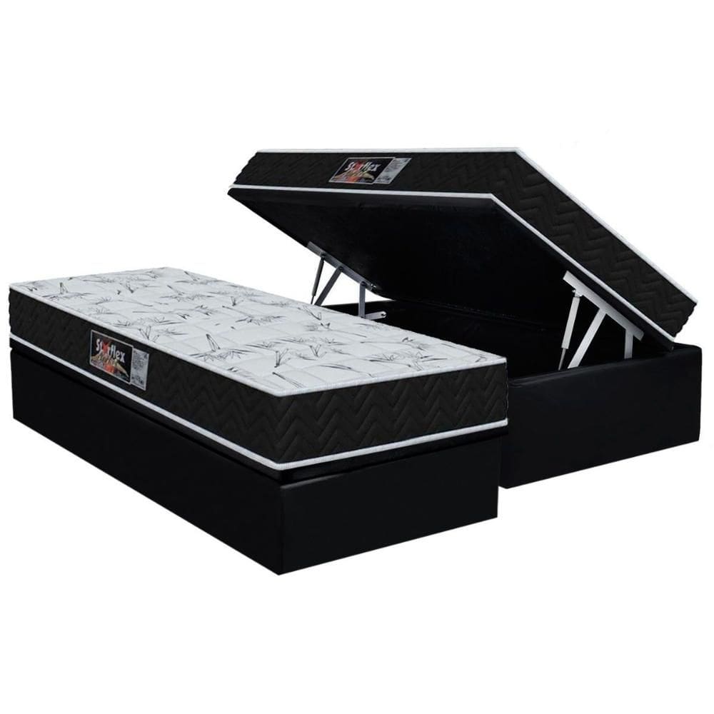 Cama Box Baú Solteiro: Colchão Molas Ensacadas Orthoflex Starflex + Base CRC Suede Black (88x188)