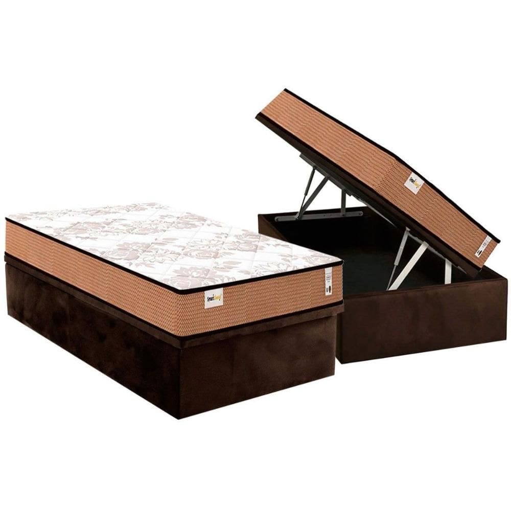 Cama Box Baú Solteiro: Colchão Molas Ensacadas Plumatex Smart Classic + Base CRC Suede Brown (88x188)