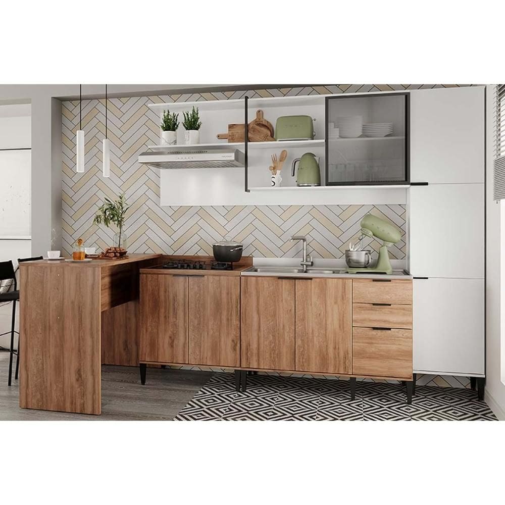 Kit Cozinha Modulada 5 Peças Alpha (1Aéreo+2Balcões+1Paneleiro+1Ilha) C5P133 Freijo/Branco - Carraro