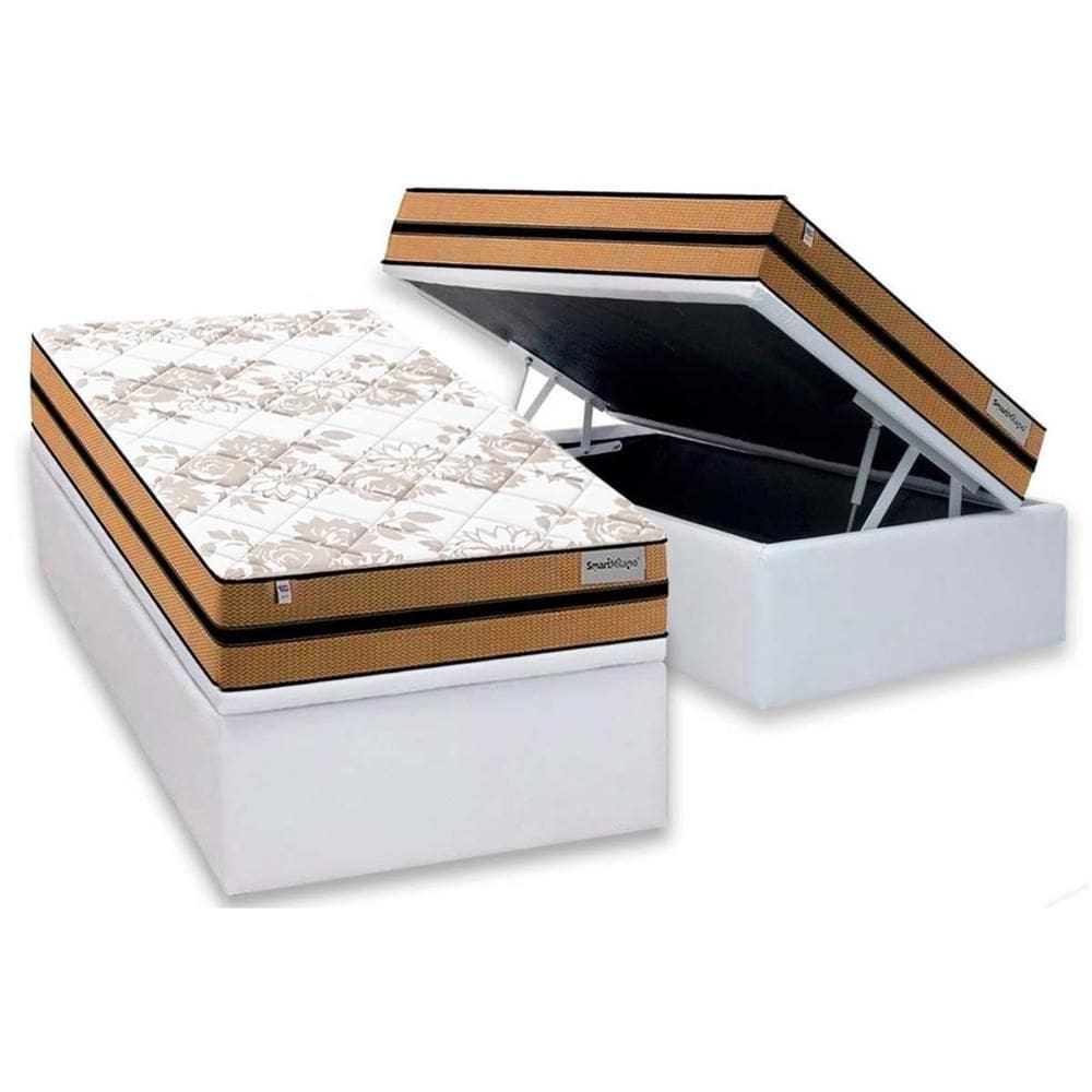 Cama Box Baú Solteiro: Colchão Molas Ensacadas Plumatex Milano + Base CRC Courano White (88x188)