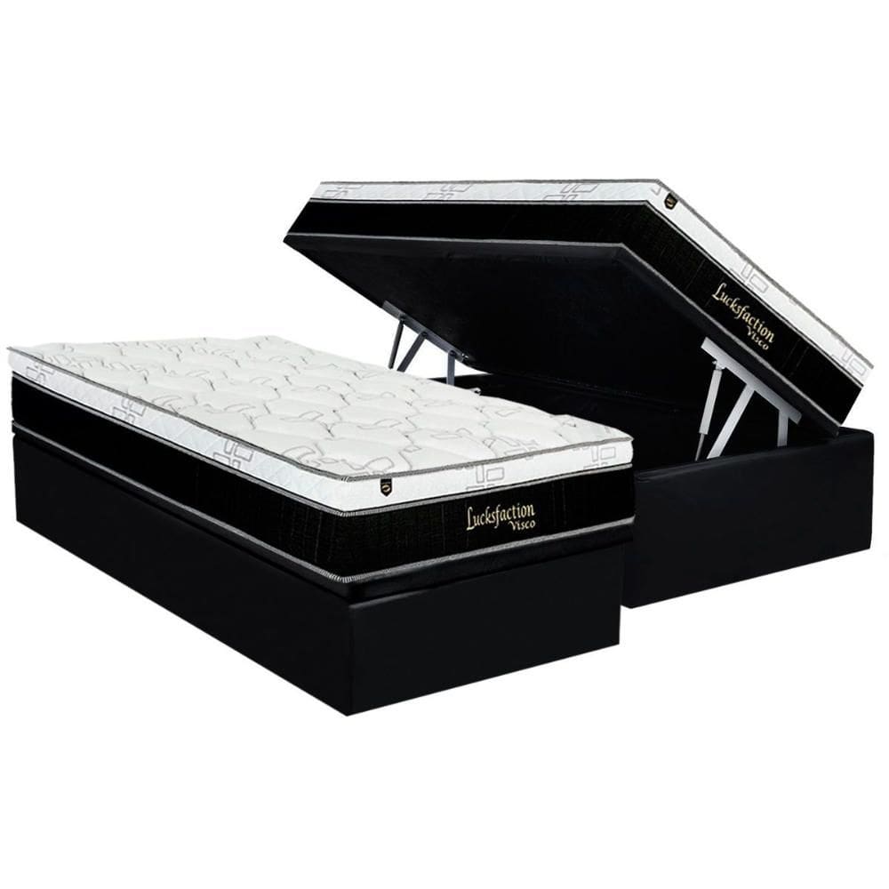 Cama Box Baú Solteiro: Colchão Molas Ensacadas Luckspuma Visco Lucksfaction Black + Base CRC Suede Black (88x188)