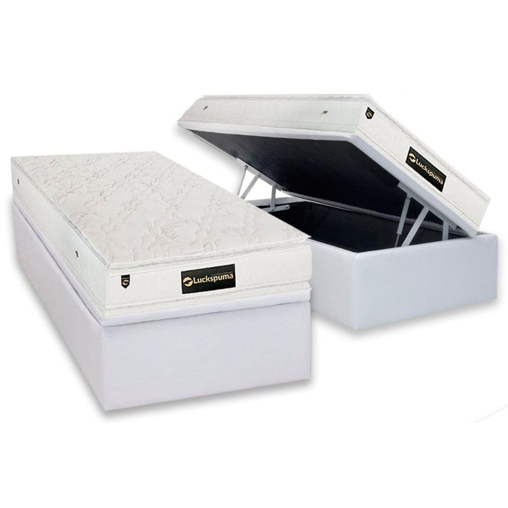 Cama Box Baú Solteiro: Colchão Molas Ensacadas Luckspuma Satisfaction Plus White + Base CRC Courano White (88x188)