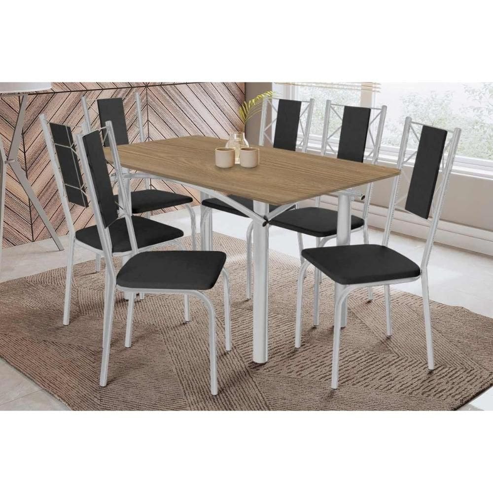 Conjunto: Mesa de Cozinha Elba c/ Tampo de Madeira 160cm e 6 Cadeiras Lisboa Cromada/Nogueira - Courano Preto - Kappesberg