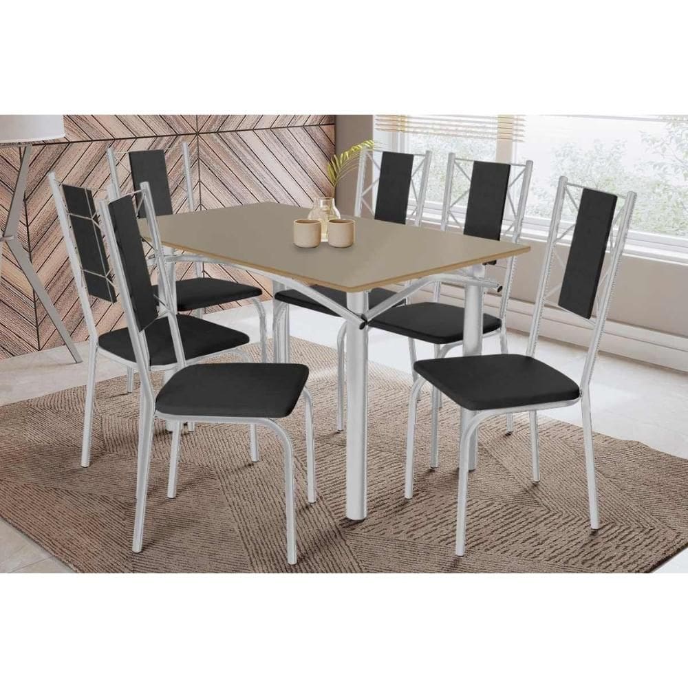 Conjunto: Mesa Sala Jantar Elba Tampo Madeirado c/ Vidro 120cm e 6 Cadeiras Lisboa Cromada/Freijo Bronze - Courano Preto - Kappesberg