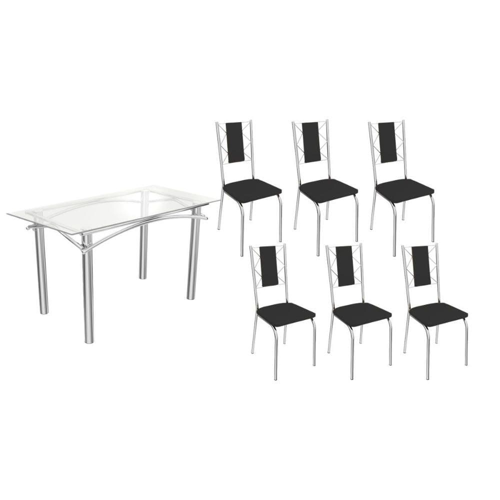 Kit 6 Cadeiras Sala Jantar Elba c/ Tampo de Vidro 150cm e 6 Cadeiras Lisboa Cromada - Courano Preto - Kappesberg