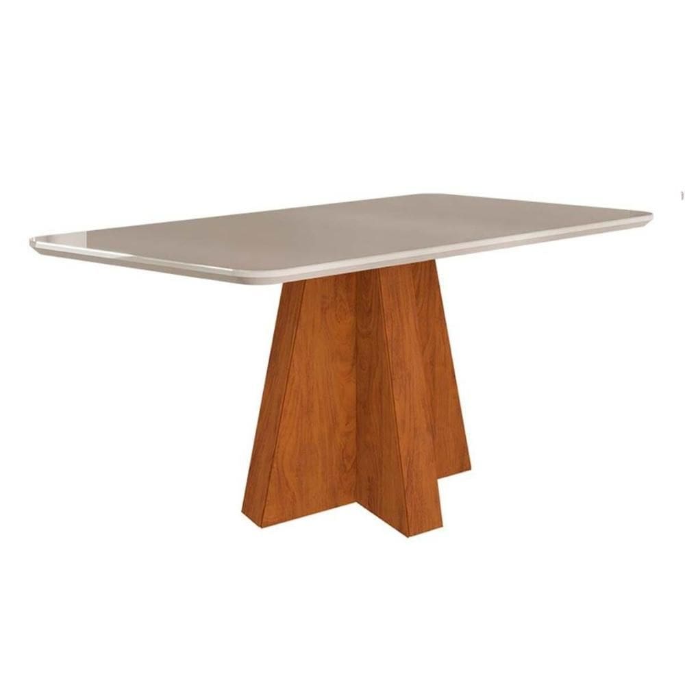 Mesa Multiuso Cozinha Maitê c/ Tampo Madeirado c/ Vidro Canto Curvo 130X80cm Nature/Off White - Cimol