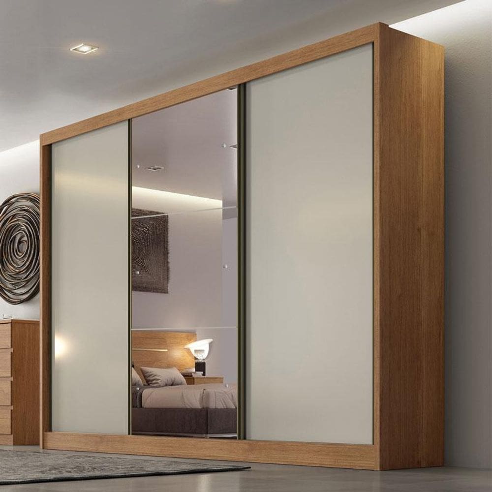 Guarda Roupa Casal Ambiente Sonetto 3 Portas 4 Gavetas Cumaru 25 Fendi com Espelho – Novo Horizonte