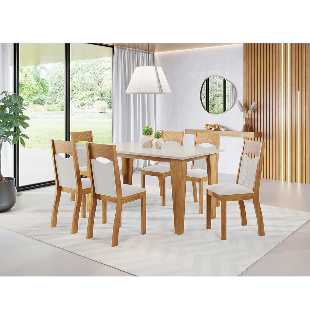 Mesa de Jantar Retangular Vitto Com 6 Cadeiras Pietra Cobre/Blonde/Marfim - Casa Giulia