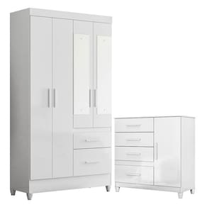 Guarda Roupa Solteiro Madri com espelho e Cômoda Vênus com pés Branco Flex - Moval