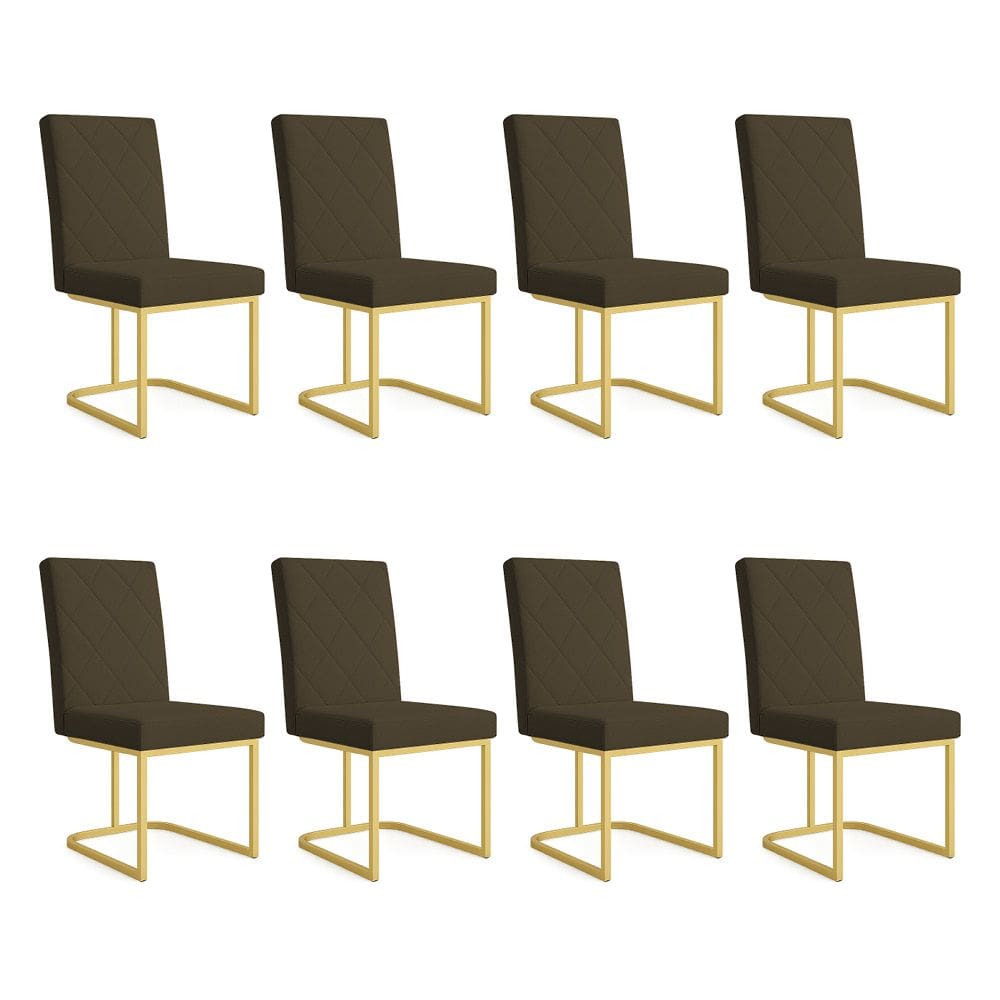 Kit 08 Cadeiras de Jantar Estofada Siena Linho Base de Ferro Dourada - Pallazio